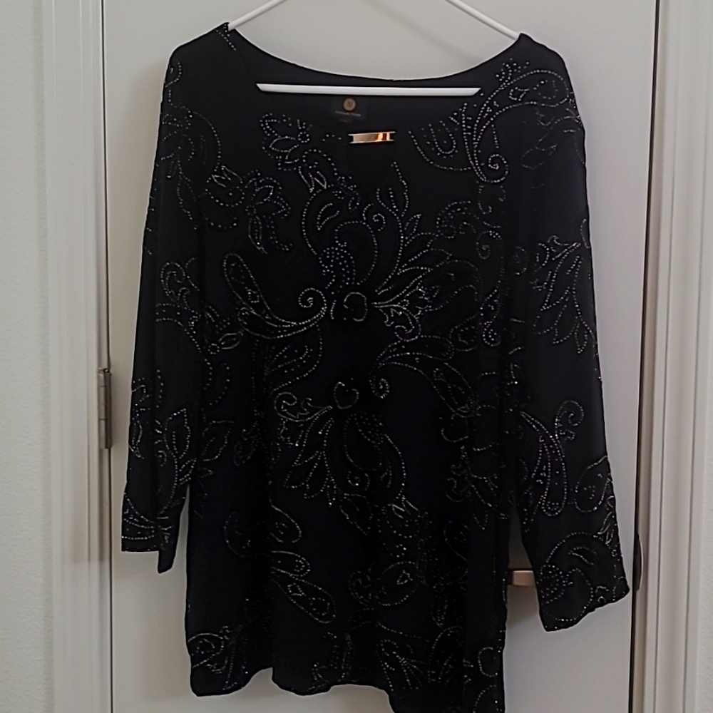 Long sleeve black blouse with gold glittery embellishments